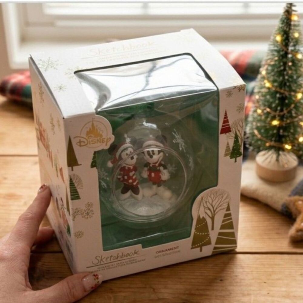 Disney 2019 Mickey Minnie Glass Globe Sketchbook Christmas Ornament w/ Box